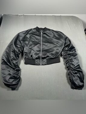 Fashion Nova Black Satin Cropped Ruched Sleeve Bomber Jacket Size XS